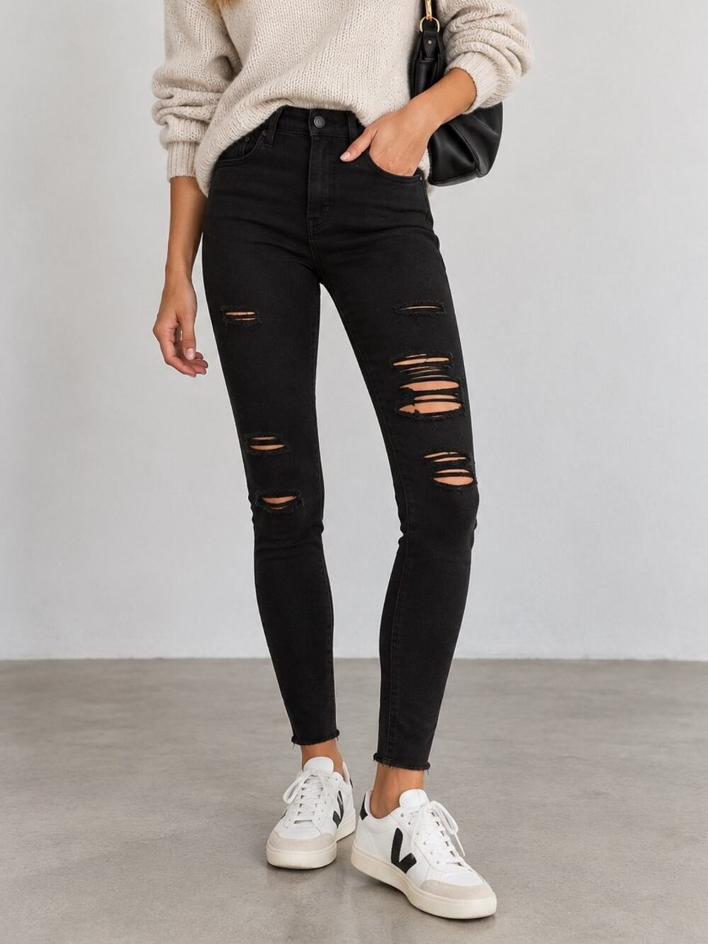 AGOLDE Revolve Sophie High Waist Distressed Skinny Jeans Black Size 29